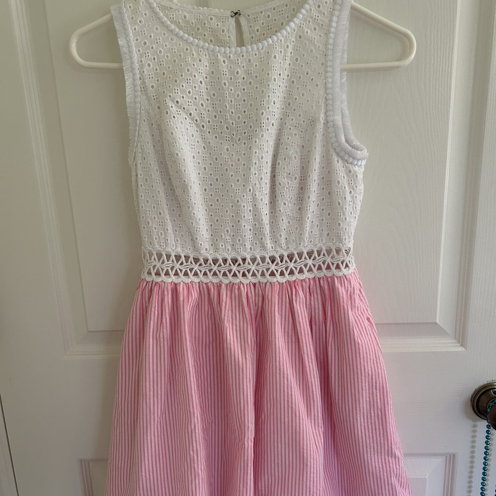 Lilly Pulitzer White Eyelet Bodice Pink Striped Skirt Dress